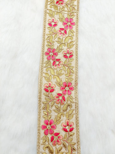 Beige Silk Fabric Trim with Gold and Pink Floral Embroidery, Sari Border Trim, Trim by Yard